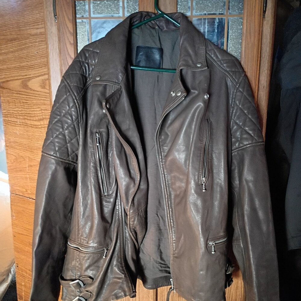 Men's brown leather motorcycle jacket XXL